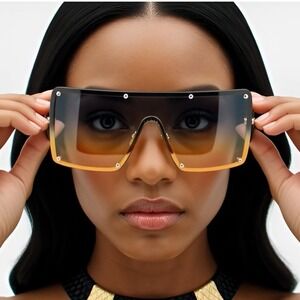 Oversized Shield Sunglasses Flat Top Rivet Design Fashion Shades Women Gafas New